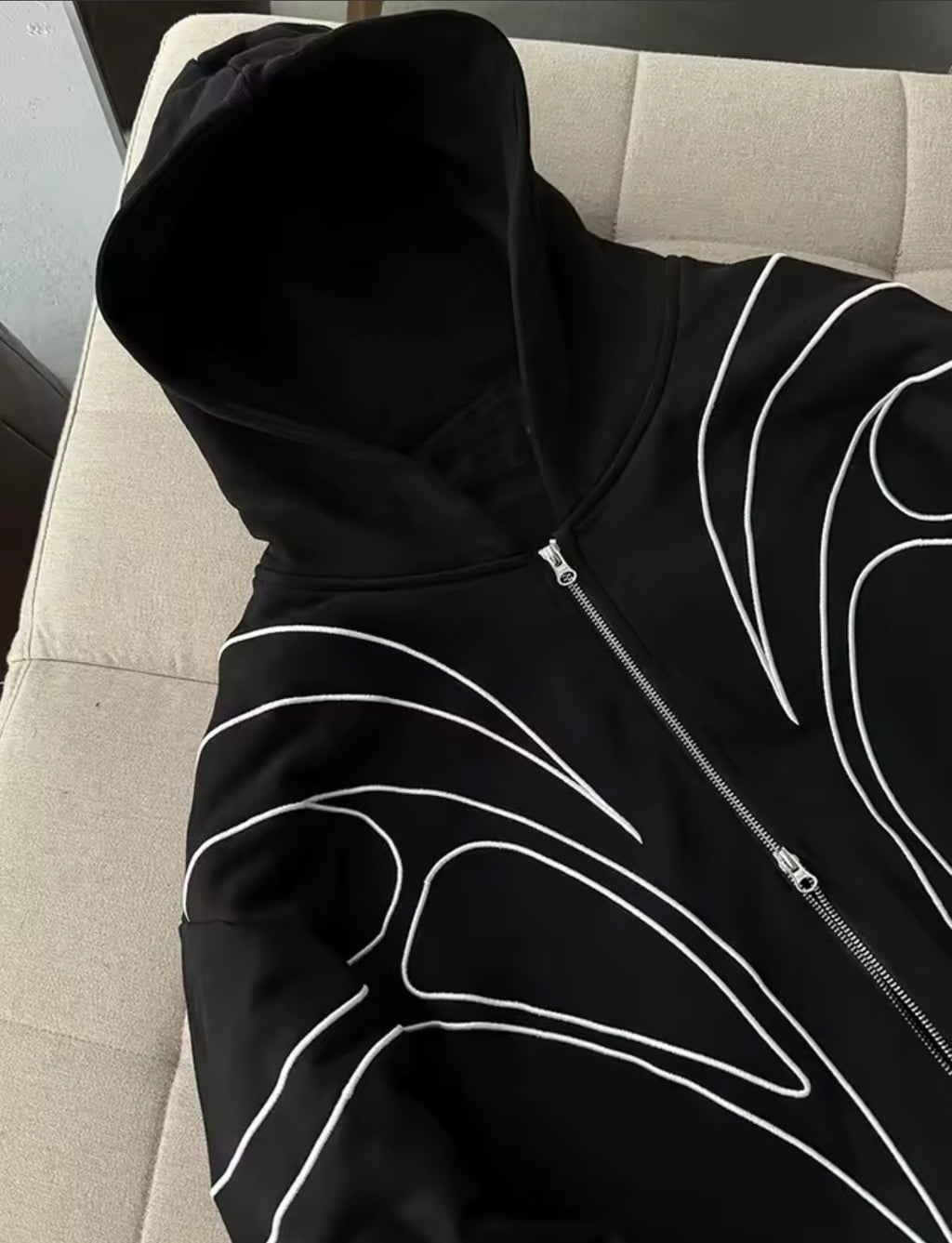 Street Retro Fashion Clothing Striped Embroidered Black Double Zipper Hoodie
