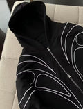 Street Retro Fashion Clothing Striped Embroidered Black Double Zipper Hoodie