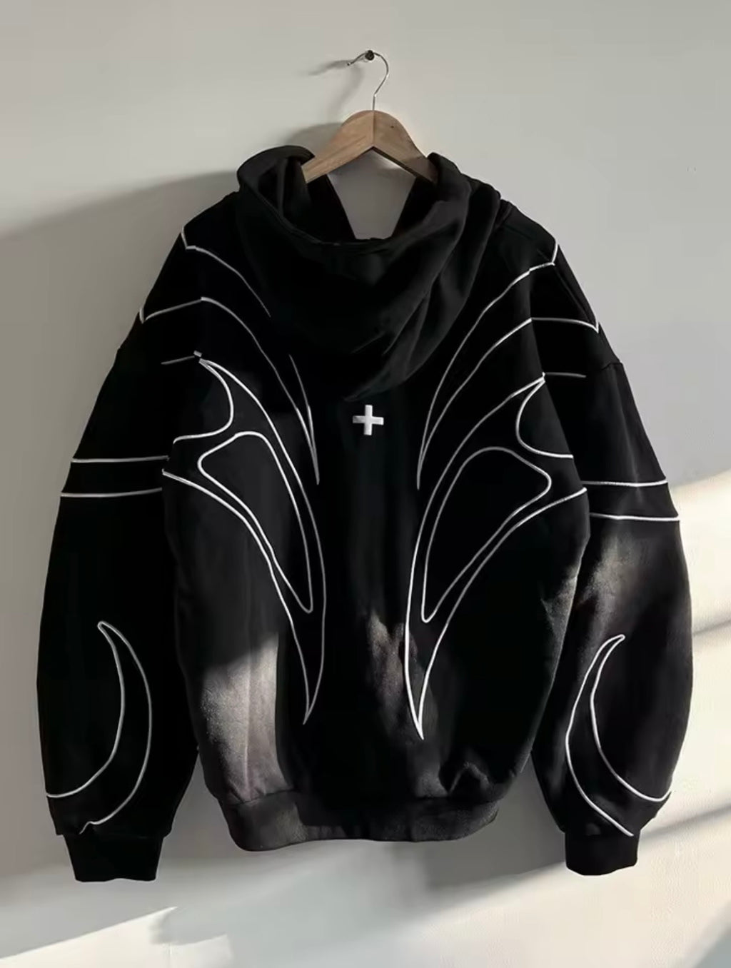 Street Retro Fashion Clothing Striped Embroidered Black Double Zipper Hoodie